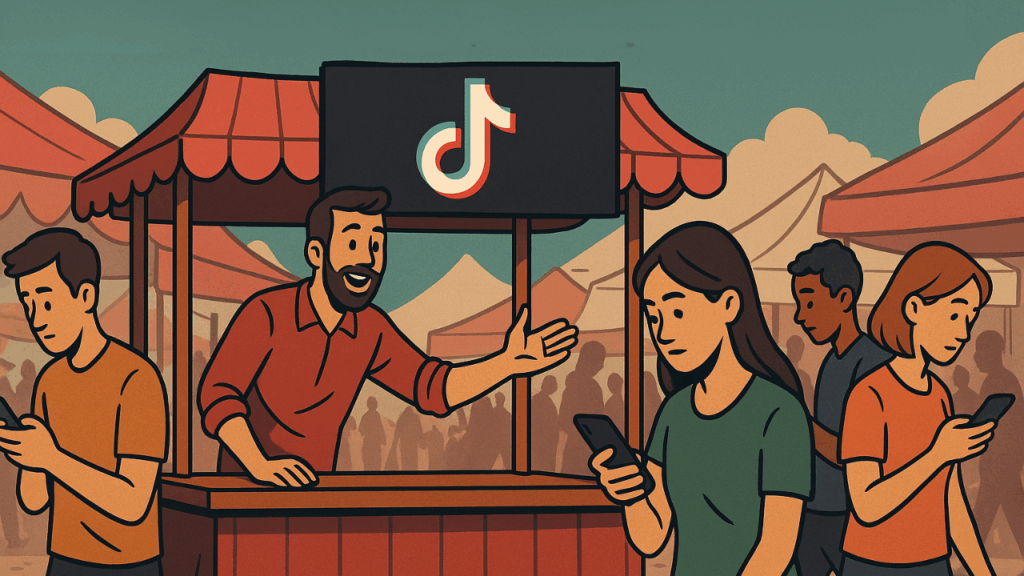 Attention merchants at a TikTok marketplace bazaar, showing a vendor trying to grab distracted passersby on their phones — symbolizing how creators and platforms buy, sell, and exchange attention as currency in the digital economy